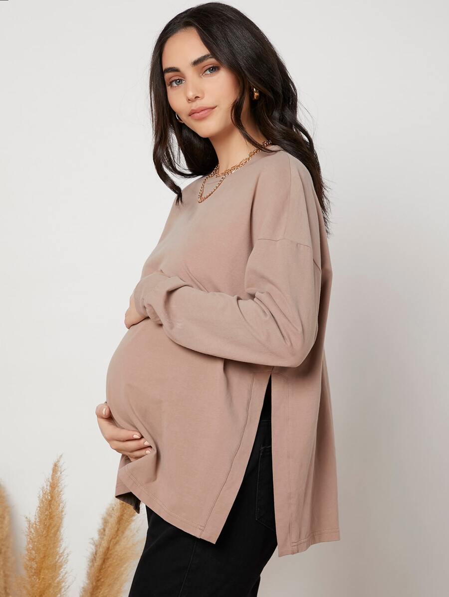SHEIN Maternidad camiseta bajo con abertura de hombros caídos - Albaricoque - Ver 1