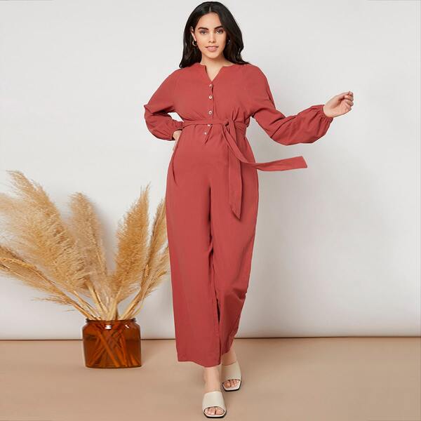 

Maternity Notched Collar Solid Belted Jumpsuit, Rusty rose
