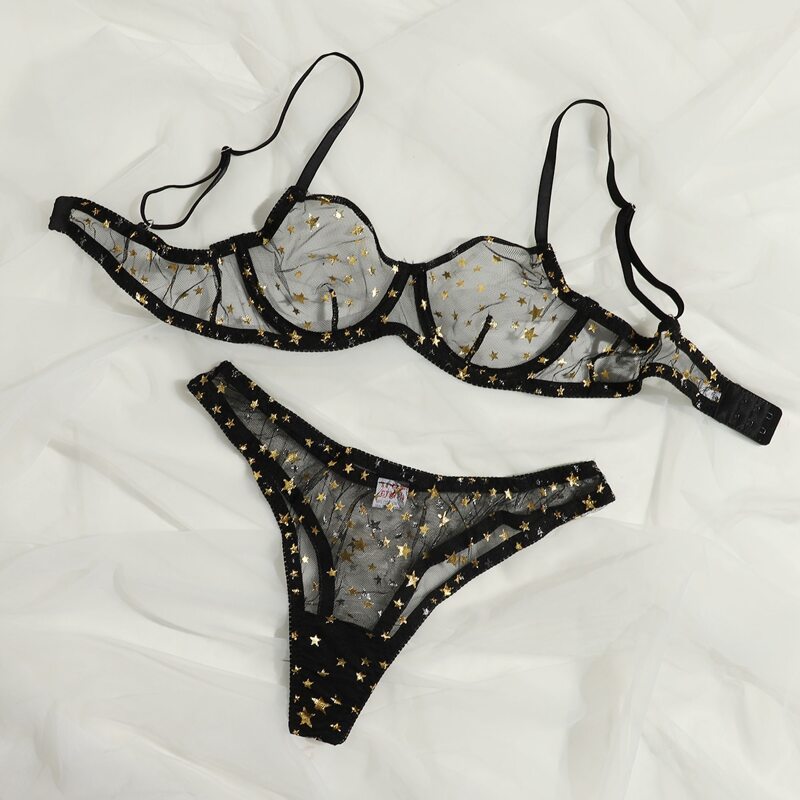 Glitter Star Sheer Lace Lingerie Set, Black