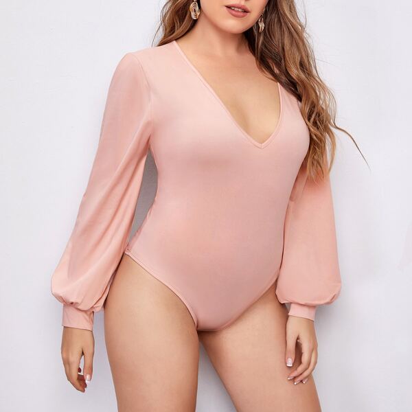

Plus V-neck Bishop Sleeve Bodysuit, Pink
