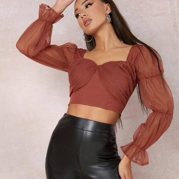 

Ruched Mesh Tiered-Sleeve Crop Top, Redwood
