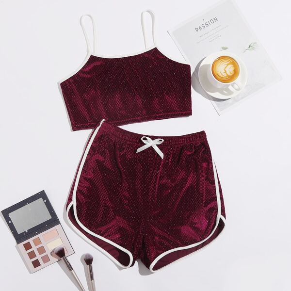 

Contrast Binding Velvet Cami Lounge Set, Burgundy