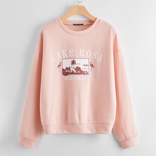 

Tropical & Letter Graphic Drop Shoulder Thermal Sweatshirt, Pastel baby pink