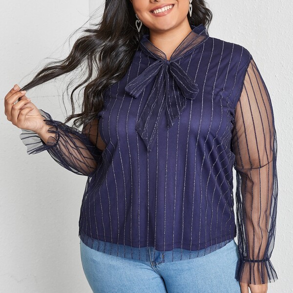 

Plus Tie Neck Mesh Overlay Flounce Sleeve Blouse, Navy blue