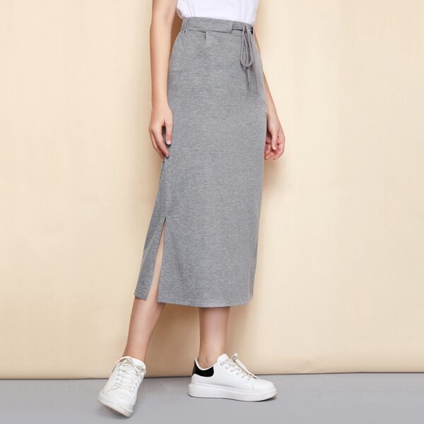 

Drawstring Waist Split Hem Skirt, Grey