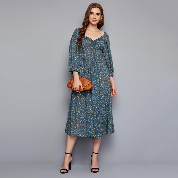 

Ditsy Floral Ruched Bust Tie Front Dress, Multicolor