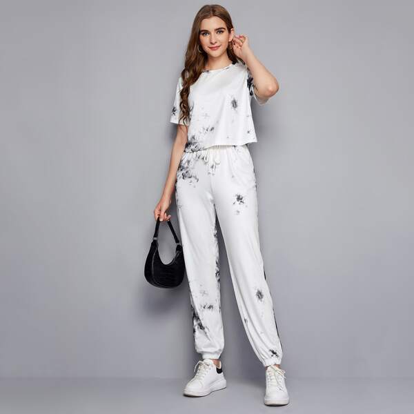 

Tie Dye Tee & Drawstring Joggers Set, White