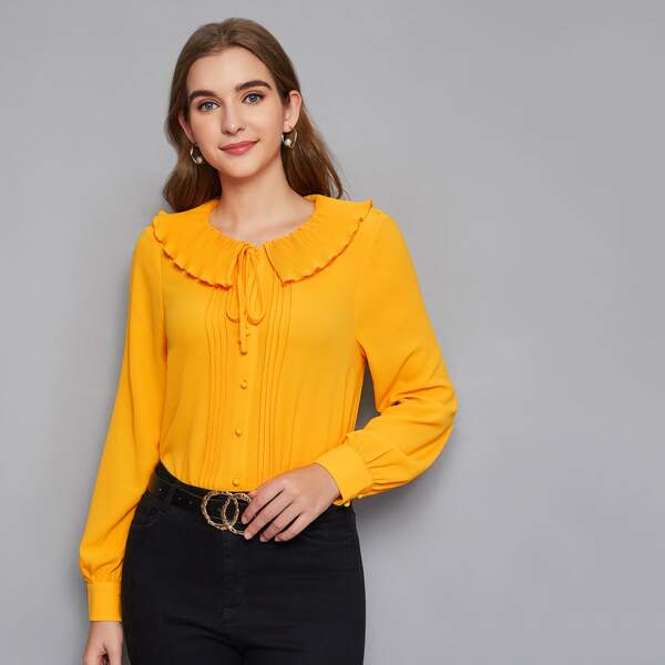 

Tie Front Lettuce Trim Pleated Blouse, Yellow