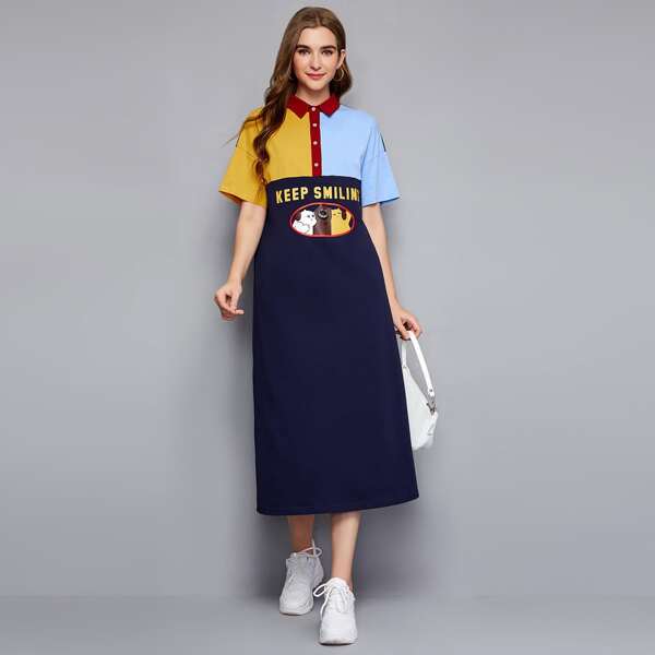

Cartoon & Slogan Graphic Colorblock Polo Dress, Navy blue