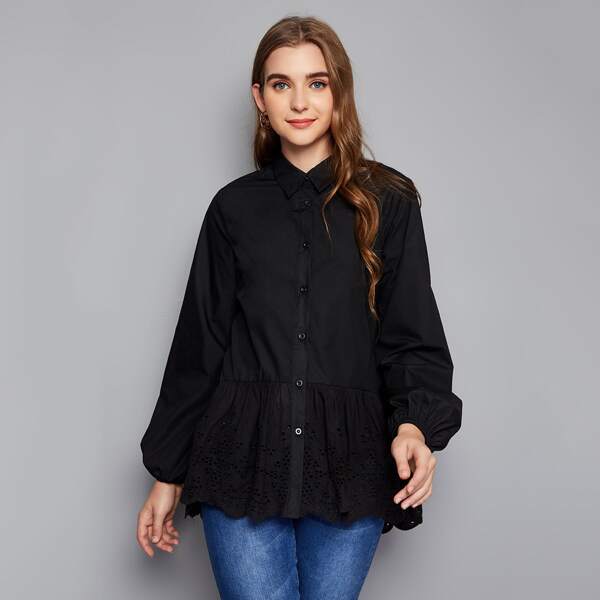 

Eyelet Embroidered Ruffle Hem Blouse, Black
