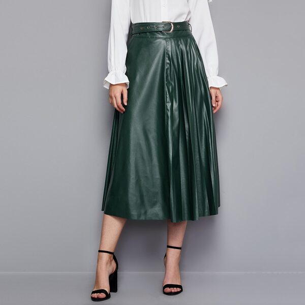 

Buckle Belted Pleated PU Leather Skirt, Dark green