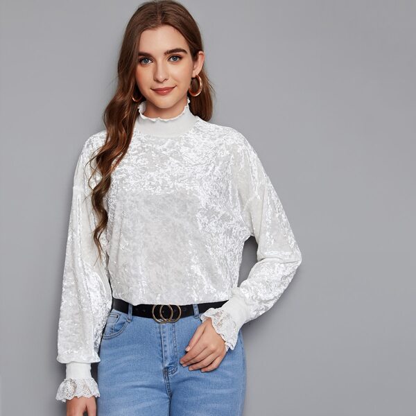 

Drop Shoulder Mock Neck Velvet Crop Top, White