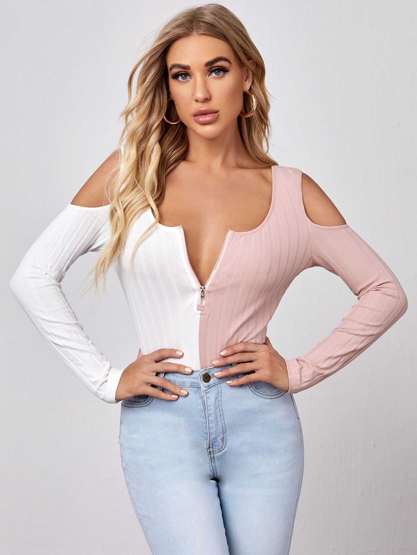 Colorblock Cold Shoulder Zipper Tee thumbnail