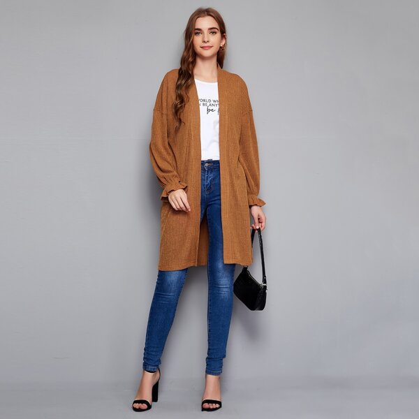 

Flounce Sleeve Rib-knit Coat, Brown
