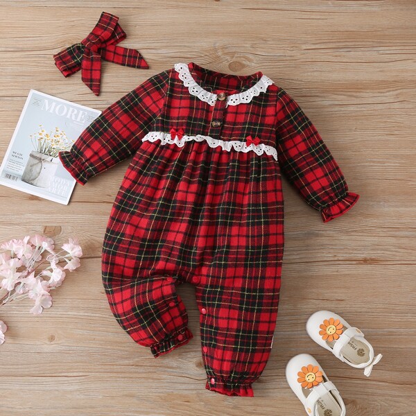 

Baby Girl Tartan Schiffy Trim Jumpsuit & Headband, Multicolor