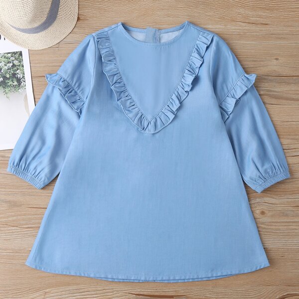 

Toddler Girls Ruffle Trim Bishop Sleeve Dress, Blue