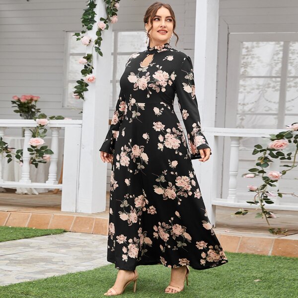 

Plus Keyhole Neckline Floral Print Maxi Dress, Black