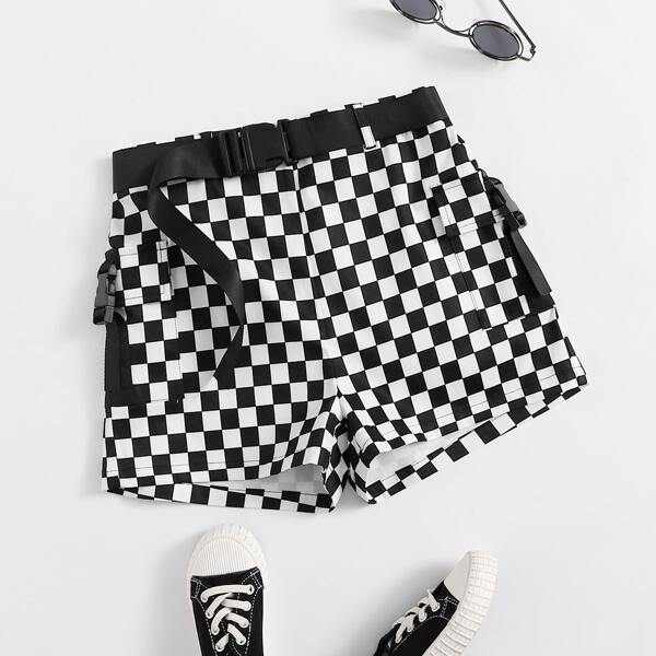 

Girls Push Buckle Belted Flap Pocket Side Checked Shorts, Black and white
