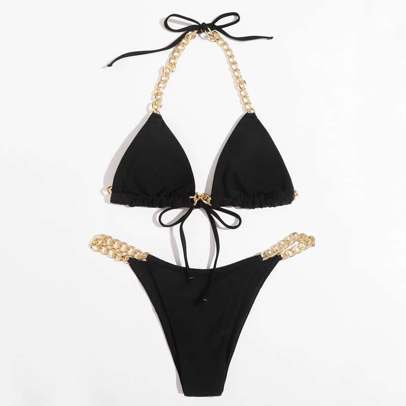 Chain Linked Triangle Thong Bikini Swimsuit, Black