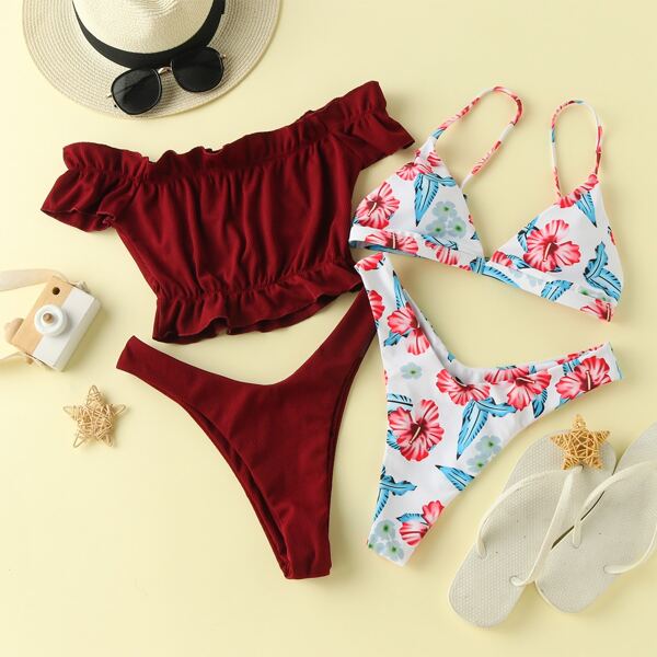 

4pack Floral Triangle High Cut Bikini Swimsuit, Multicolor