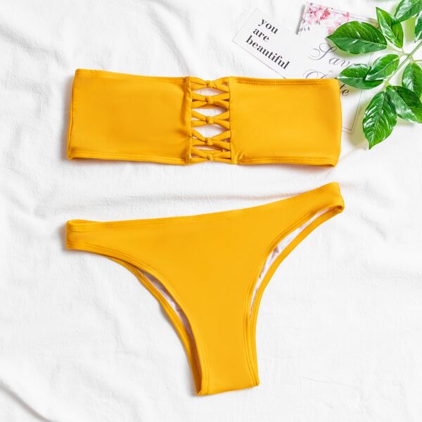 

Criss Cross Bandeau Bikini Swimsuit, Yellow