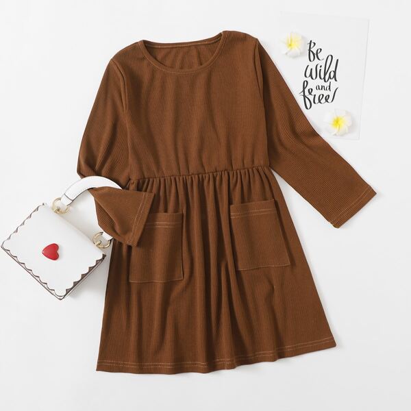 

Toddler Girls Rib-knit Dual Pocket Dress, Coffee brown