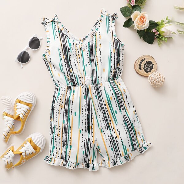 

Toddler Girls Bow Shoulder Half Button Ruffle Hem Romper, Multicolor