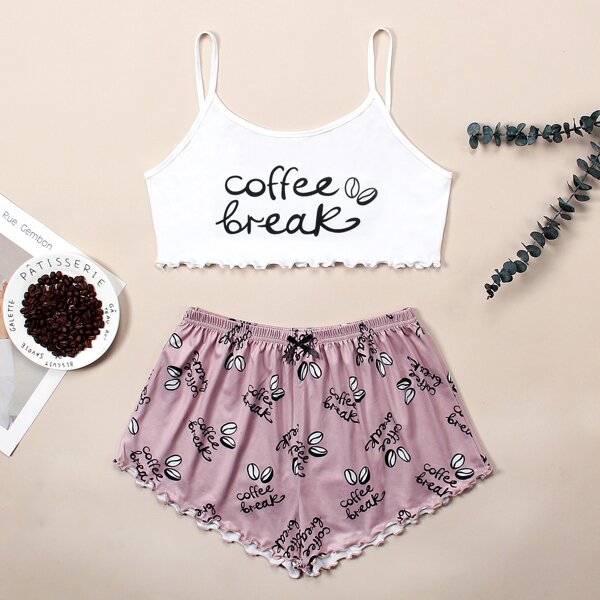 

Letter Graphic Lettuce Trim Cami Pajama Set, Multicolor