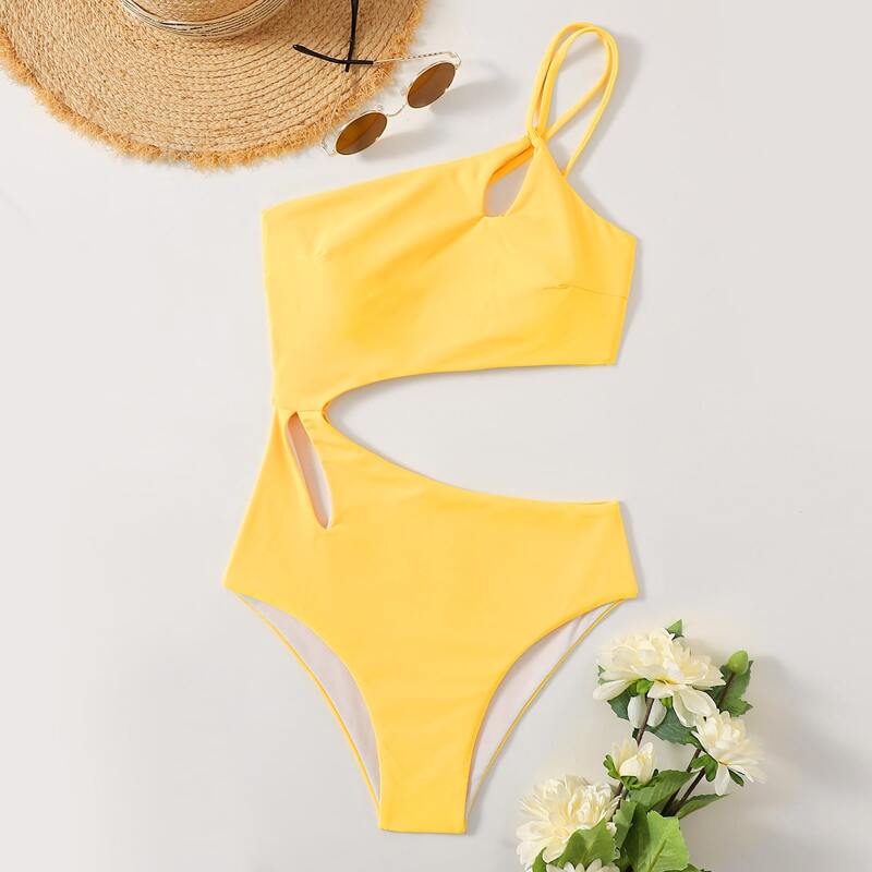 

One Shoulder Cut Out One Piece Swimsuit, Yellow