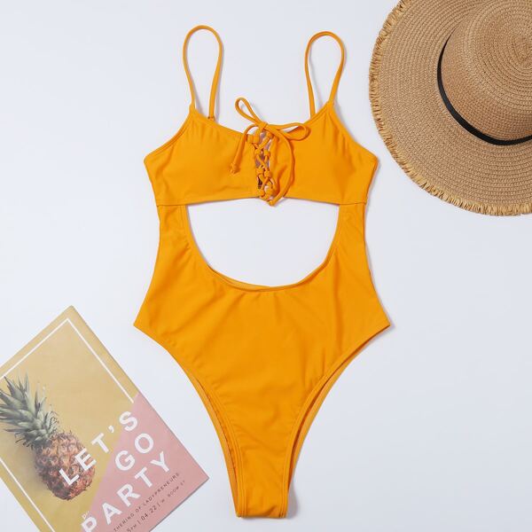 

Cut-out Lace-up High Leg One Piece Swimsuit, Orange