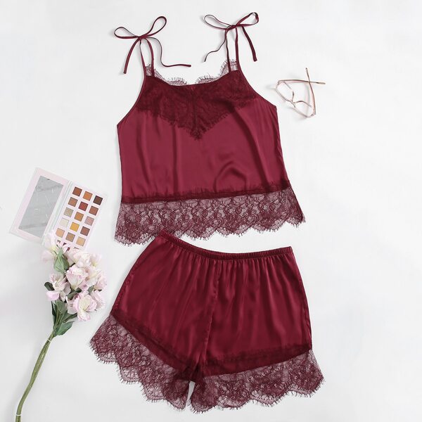 

Plus Lace Trim Knot Shoulder Cami PJ Set, Burgundy