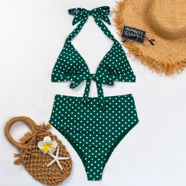 

Polka Dot High Waist Bikini Swimsuit, Dark green