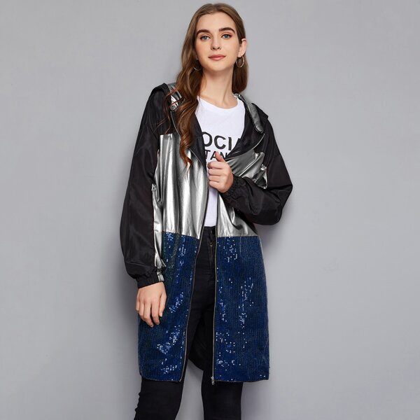 

Zipper Front Contrast Sequin Wind Jacket, Multicolor
