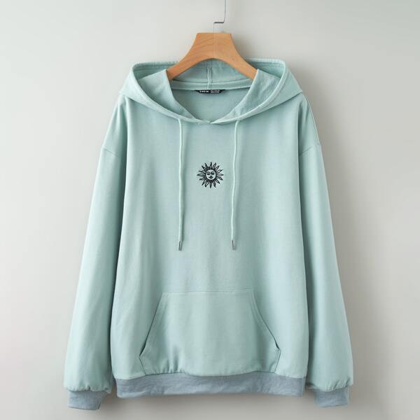 

Graphic Embroidery Drawstring Hoodie, Mint green