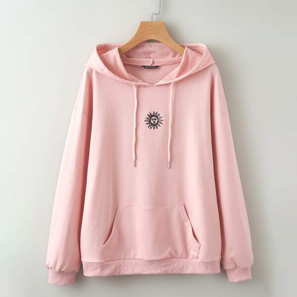 

Graphic Embroidery Drawstring Hoodie, Baby pink