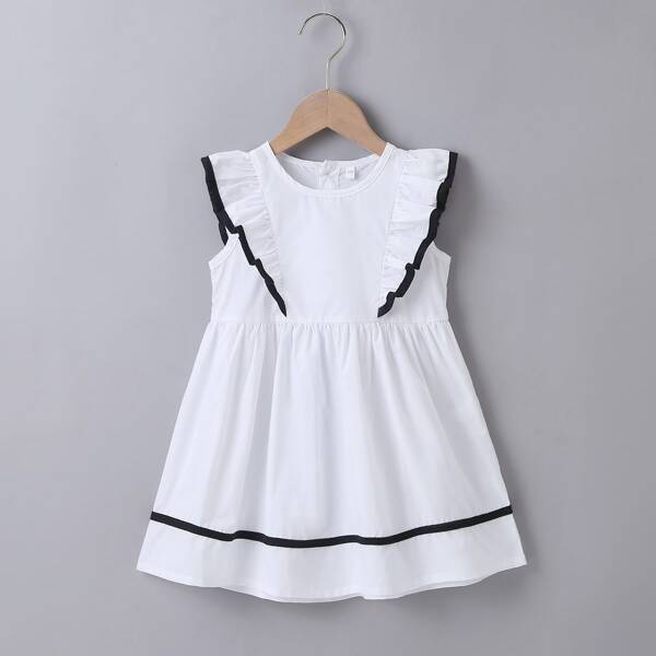 

Toddler Girls Ruffle Trim Contrast Tape Babydoll Dress, White
