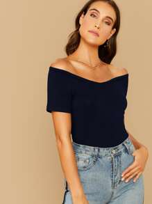 SHEIN Privé Top unicolor de hombros descubiertos - Azul Marino - Ver 3