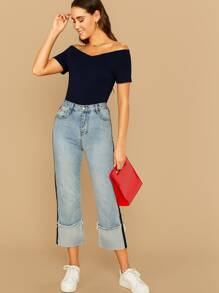 SHEIN Privé Top unicolor de hombros descubiertos - Azul Marino - Ver 5