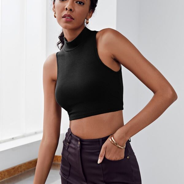 

Mock Neck Rib-knit Crop Tank Top, Black