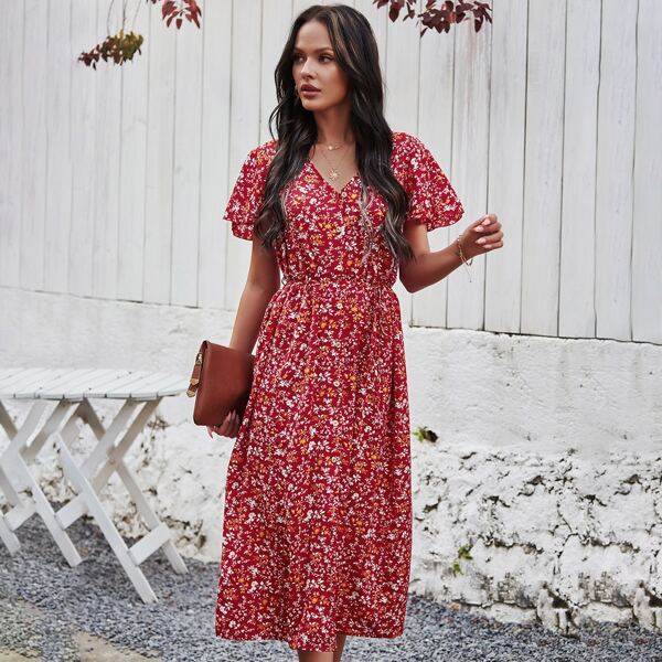 

Allover Floral Print Button Up Shirt Dress, Red
