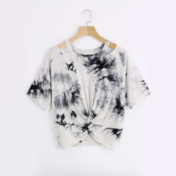 

Tie Dye Cut Out Twist Front Tee, Black and white