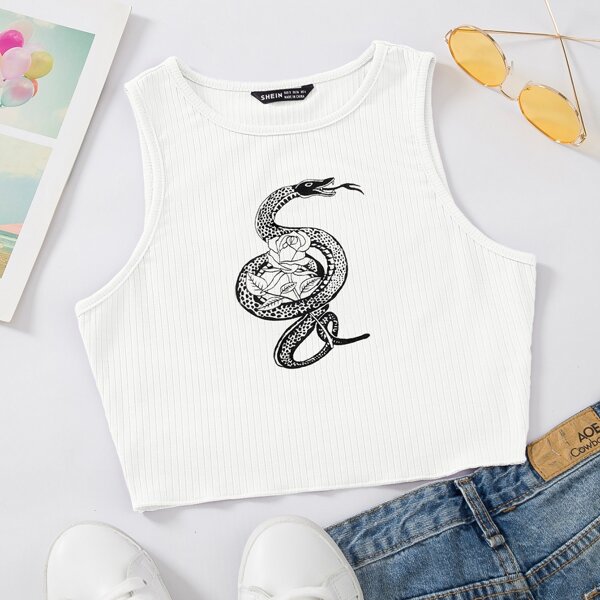 

Rose & Snake Print Tank Top, White