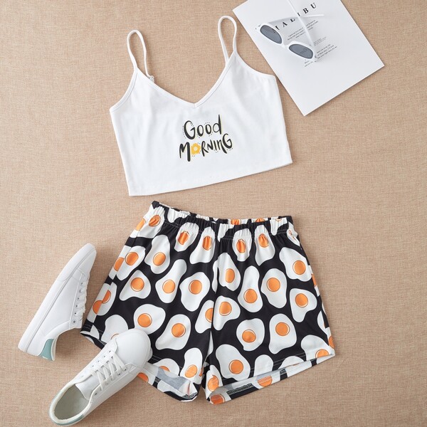 

Poached Egg And Slogan Graphic Cami Top & Shorts, Multicolor