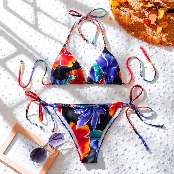 

Floral Halter Tie Side Bikini Swimsuit, Multicolor