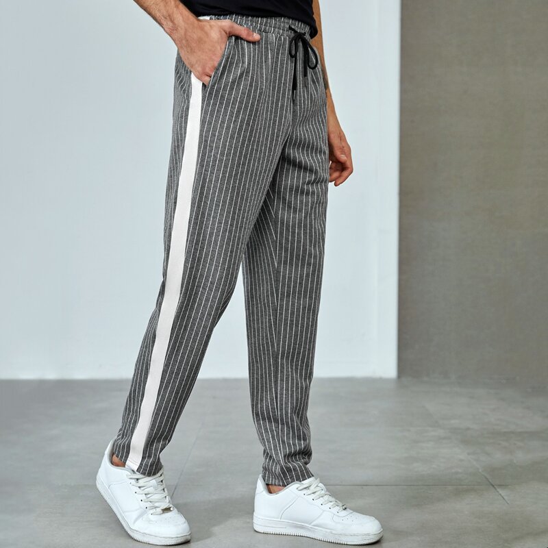 

Guys Drawstring Waist Contrast Sideseam Striped Pants, Dark grey