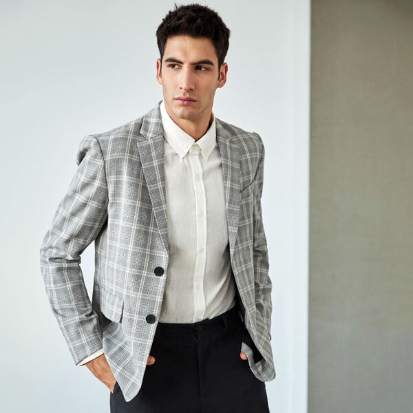 

Men Lapel Collar Flap Detail Plaid Blazer, Multicolor