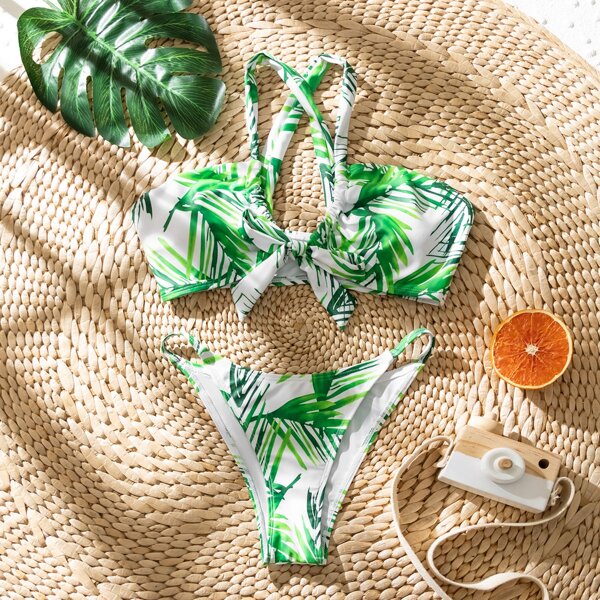 

Leaf Print Knot Front Bikini Swimsuit, Green