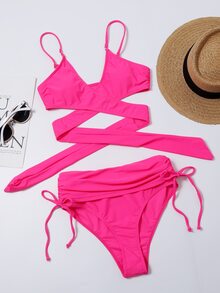 霓虹粉紅裹身側繫帶比基尼套組夏日海灘 - 粉色 - 查看 2