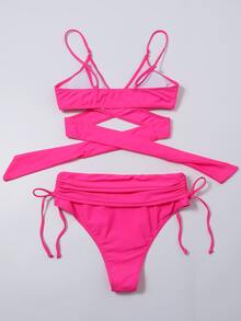 霓虹粉紅裹身側繫帶比基尼套組夏日海灘 - 粉色 - 查看 3