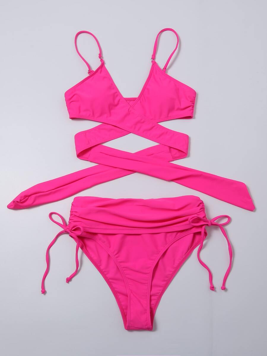 霓虹粉紅裹身側繫帶比基尼套組夏日海灘 - 粉色 - 查看 1